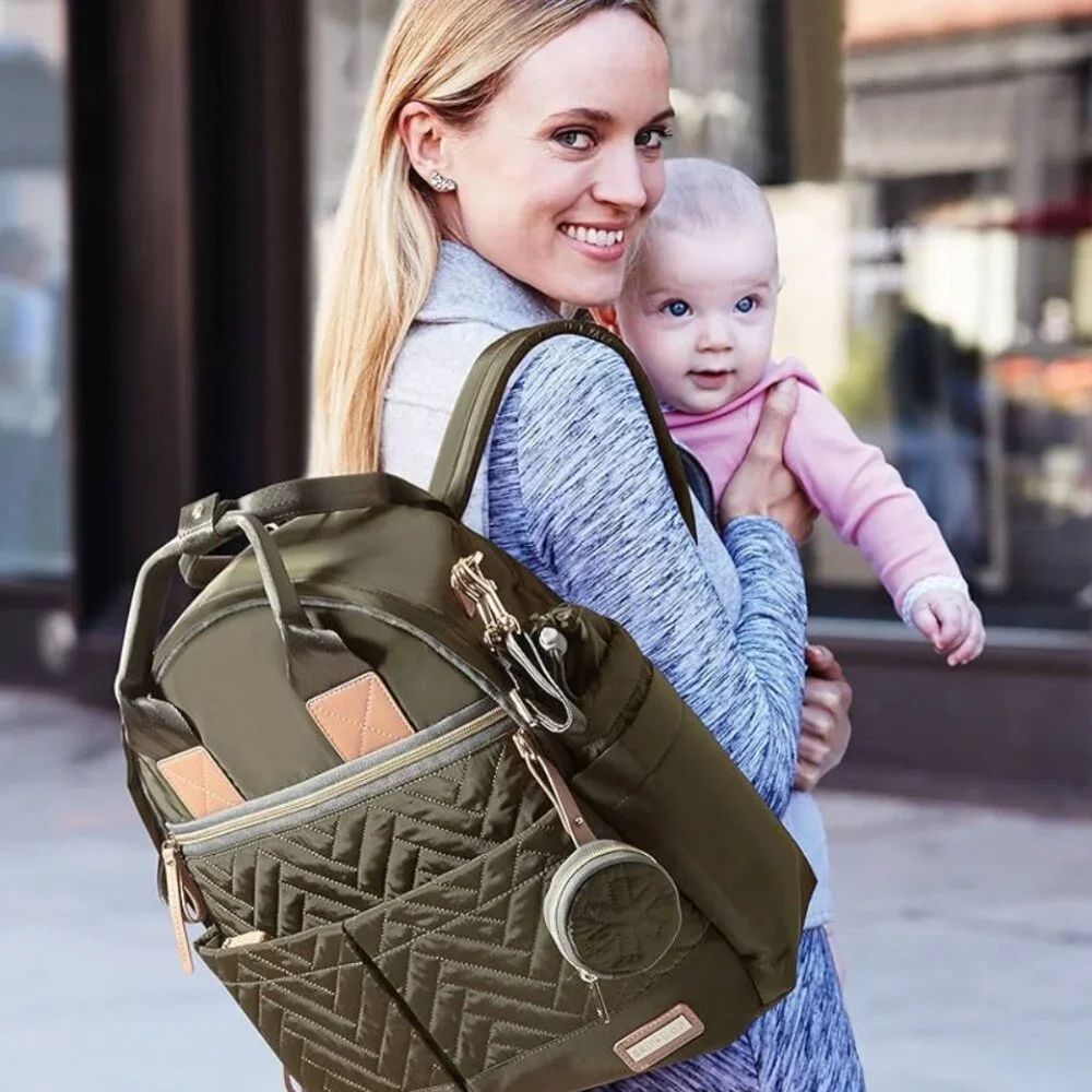 Skip Hop Chelsea 6-in-1 Diaper Backpack Bag Olive Green Quilted 14x16‎ (No Pad)
